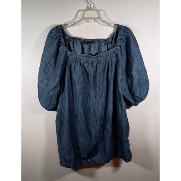 Lane Bryant Square Neck Short Balloon Sleeve Blue Chambray Top Plus Size 18 - Picture 1 of 6
